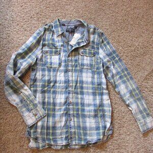 NWT Buffalo Blu Medium Blue White Yellow Plaid Button Front Woven Shirt Pockets